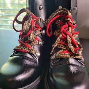 Sugar Black Combat Boots with Red and Leopard Print Laces